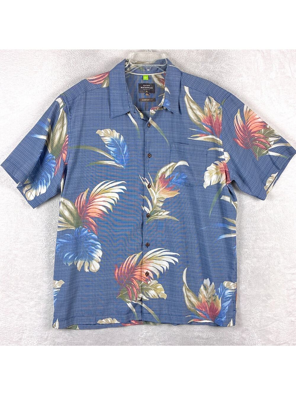 Quiksilver Waterman Hawaiian Shirt Mens XL Blue Palm AOP Aloha Tiki Beach Preppy